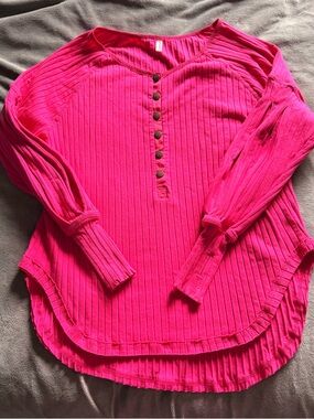 Free People Long Sleeve Ribbed Henley Tunic Top - Pink